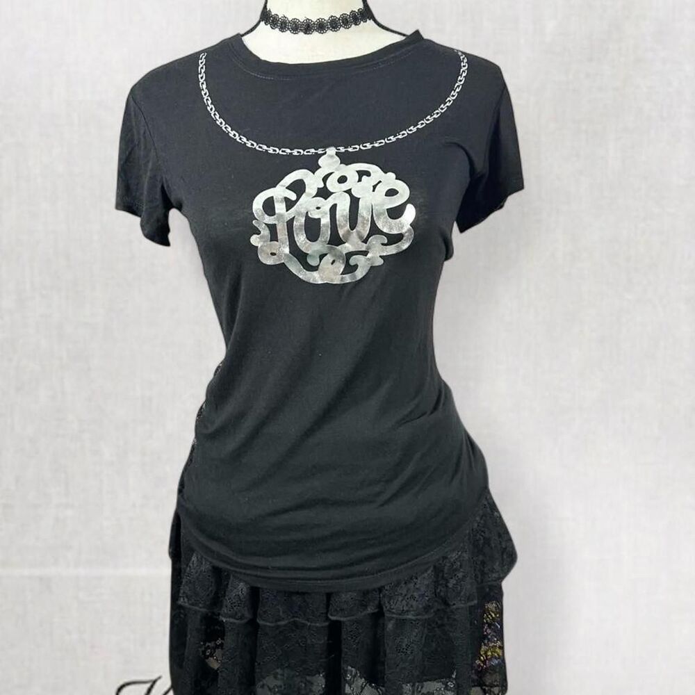 Goth Babydoll Y2K Print Tee with Lace Back Top